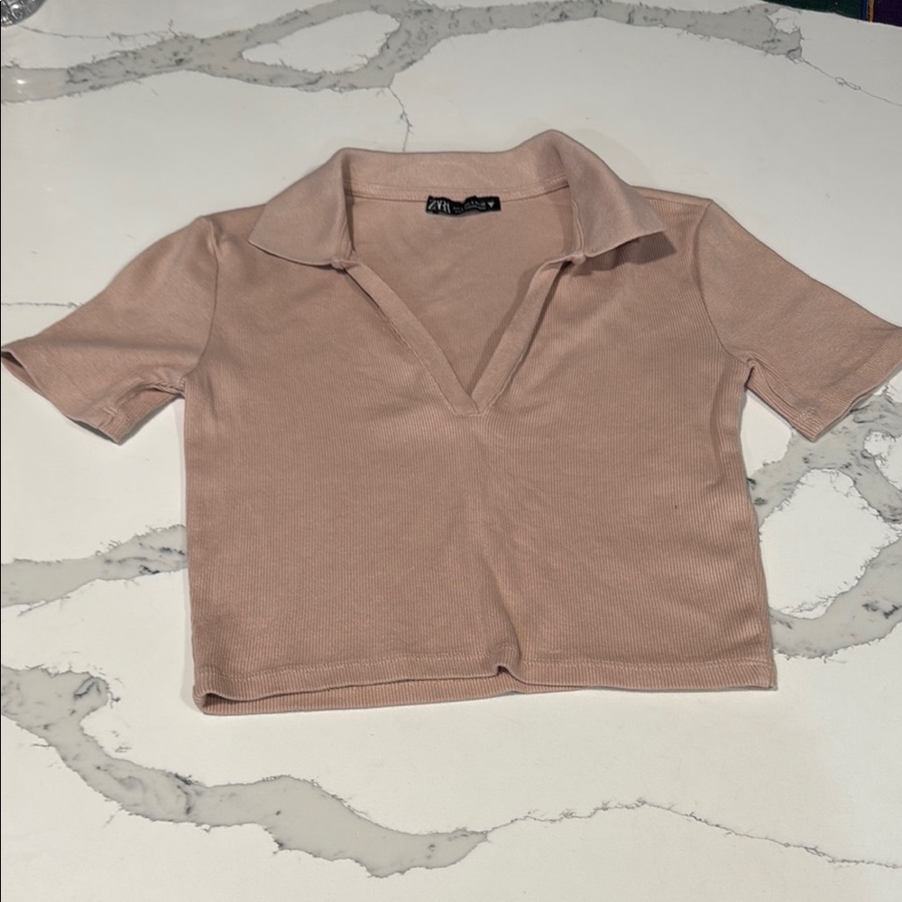 Zara Cream Crop Top with V-Neck Polo Style Dusty Rose EUC LIKE NEW BOX31